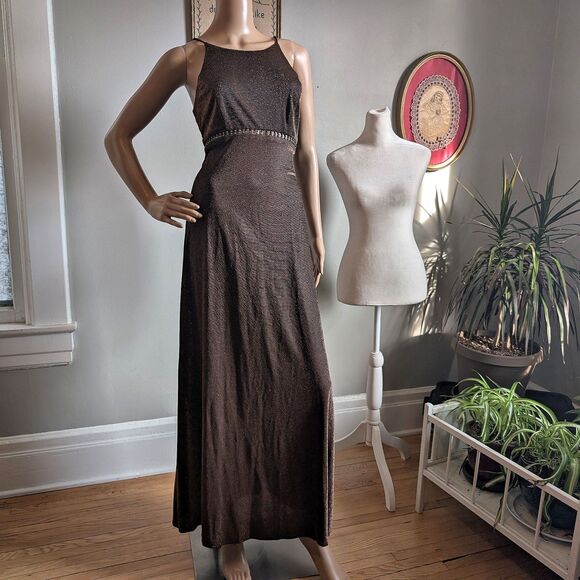 Vintage 90s Cache Metallic Maxi Dress Prom Gown Rhinestone Whimsygoth Size 7 - Picture 13 of 13